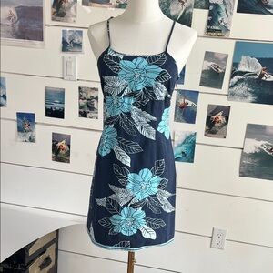Vintage Old Navy Blue Floral Slip Dress with Turquoise Flowers
